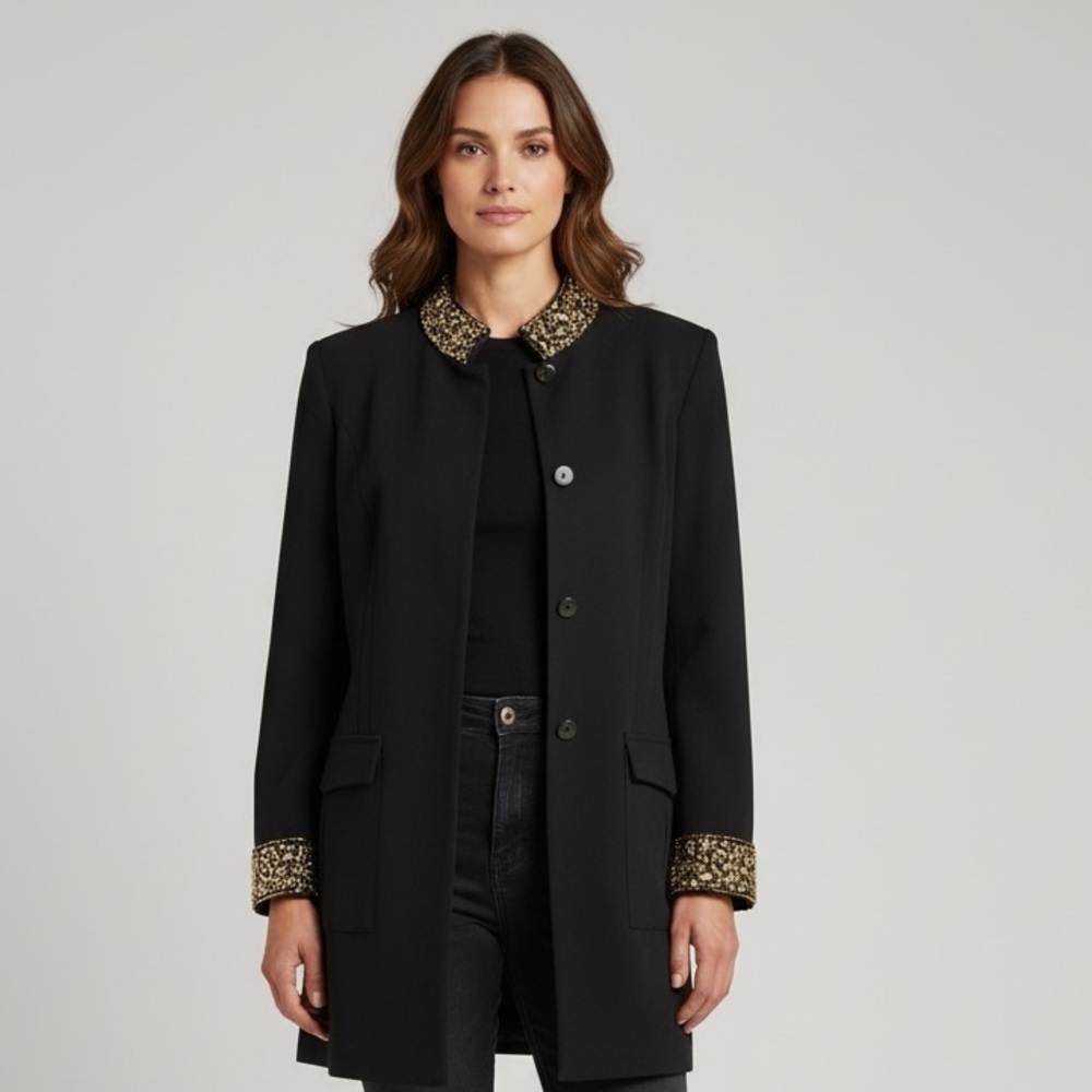 V Christina Vintage black long jacket. Size Large. Snap closure jeweled in gold